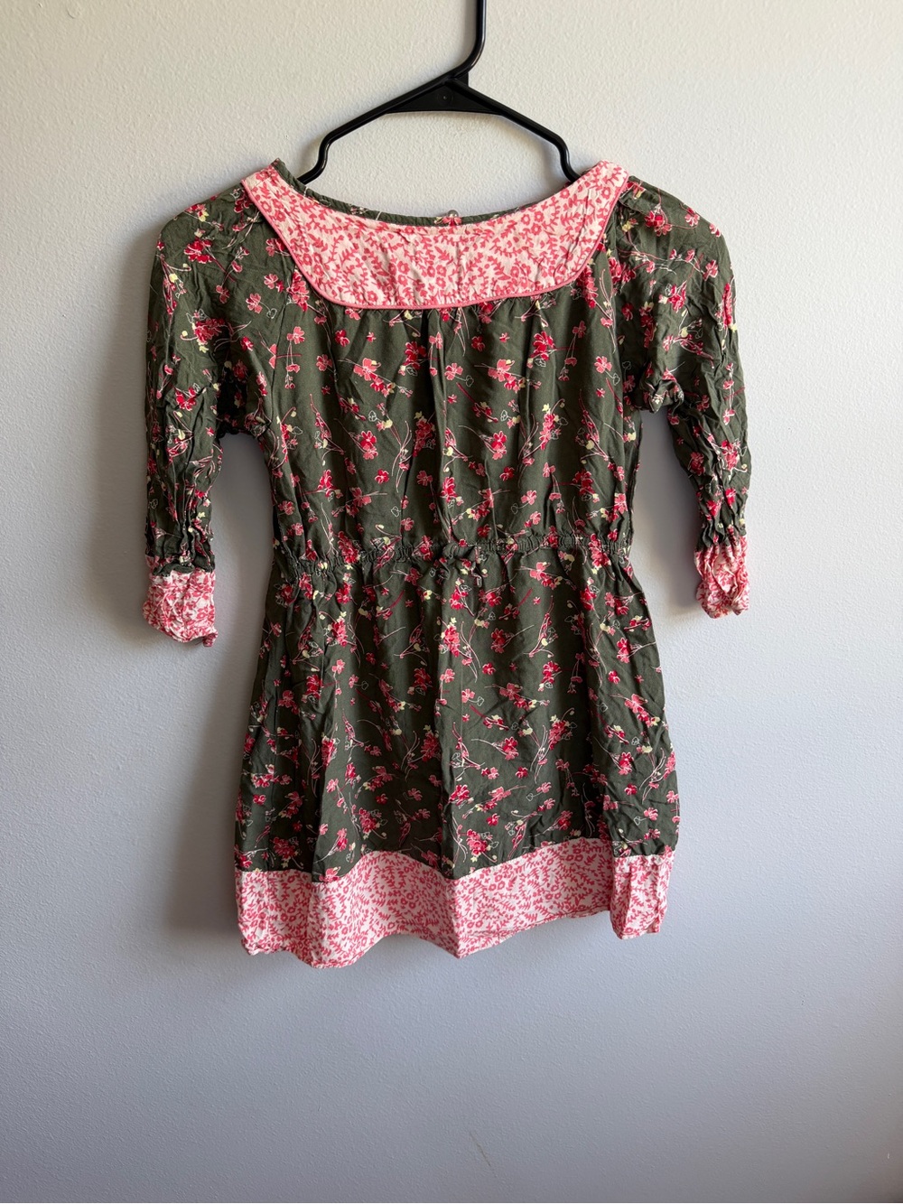 Lucky Brand Olive Green Dress with Pink Floral Trim